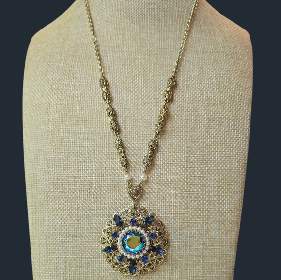 West Germany Jewelry - West Germany Vintage Peacock Blue Rhinestones & Pearls Filigree Necklace